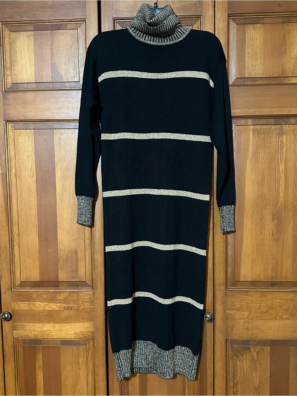 Donna Morgan for Non Stop Black Knit Turtleneck Gold Stripe Midi Sweater Dress